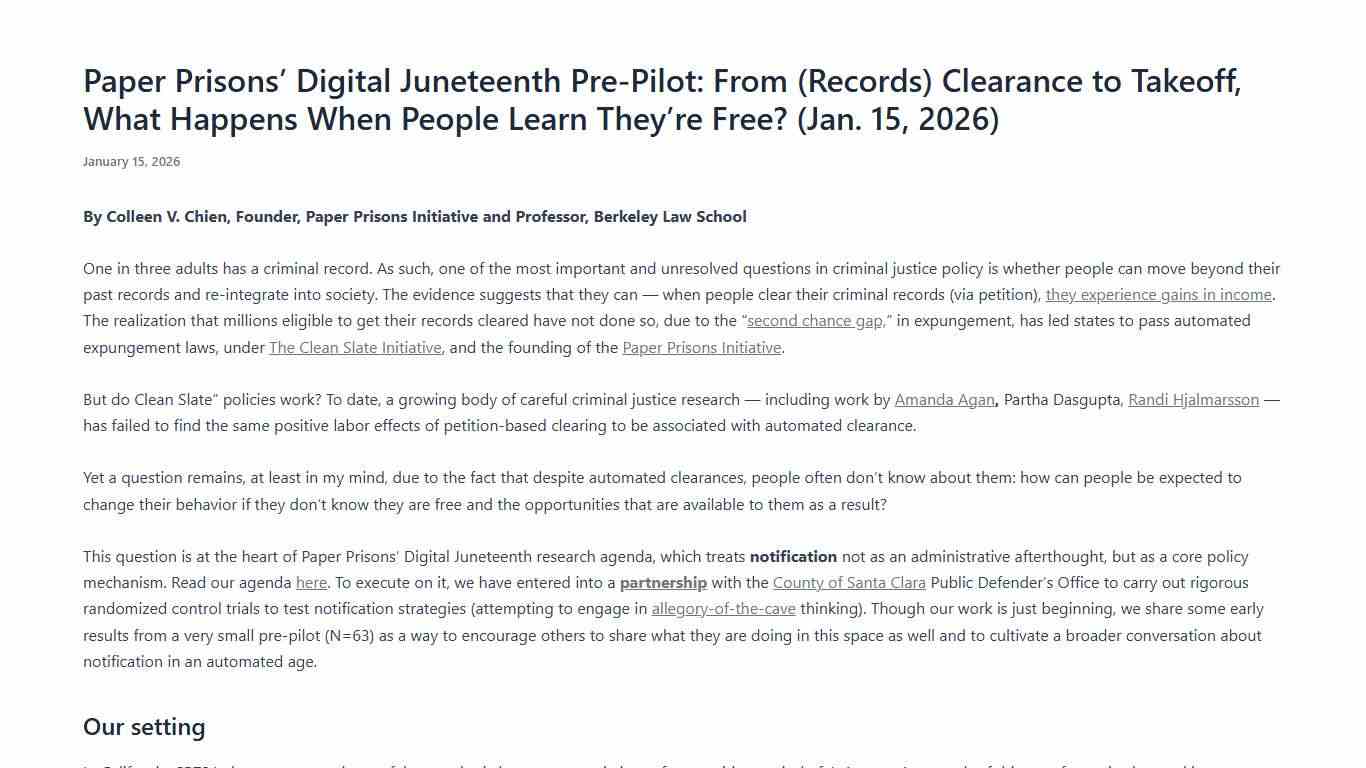 Paper Prisons’ Digital Juneteenth Pre-Pilot: From (Records) Clearance to Takeoff, What Happens When People Learn They’re Free? (Jan. 15, 2026) – Paper Prisons